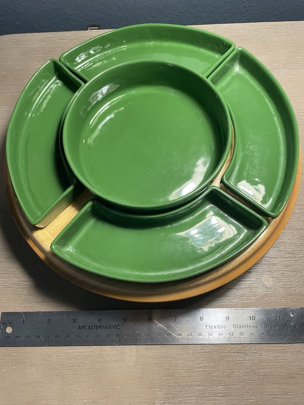 Vtg. 1970s Avocado Green Ceramic Lazy Susan Relish Tray Dip Bowl Wood Turntable
